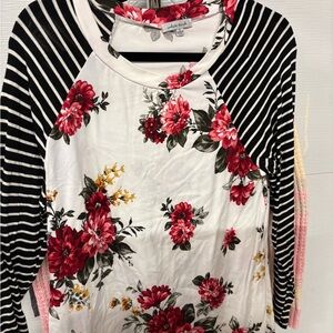 White Birch Floral and Striped Long Sleeve Top